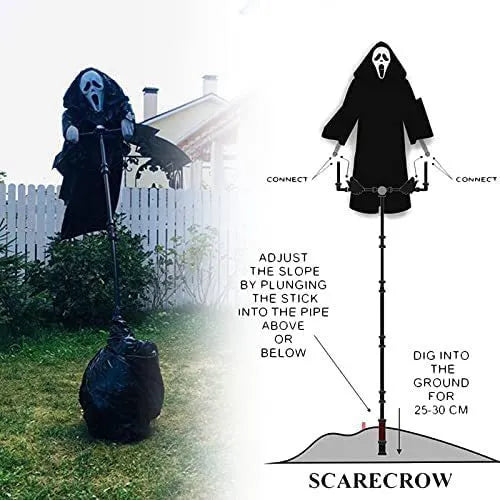 Plastic skeleton scarecrow decoration with skull design, measuring 70cm high.