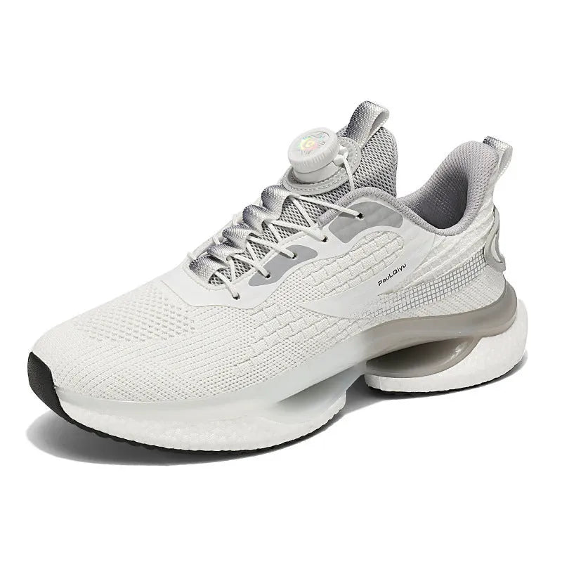 Korean style men's running shoes with rotating buckle in beige colour showing mesh upper details