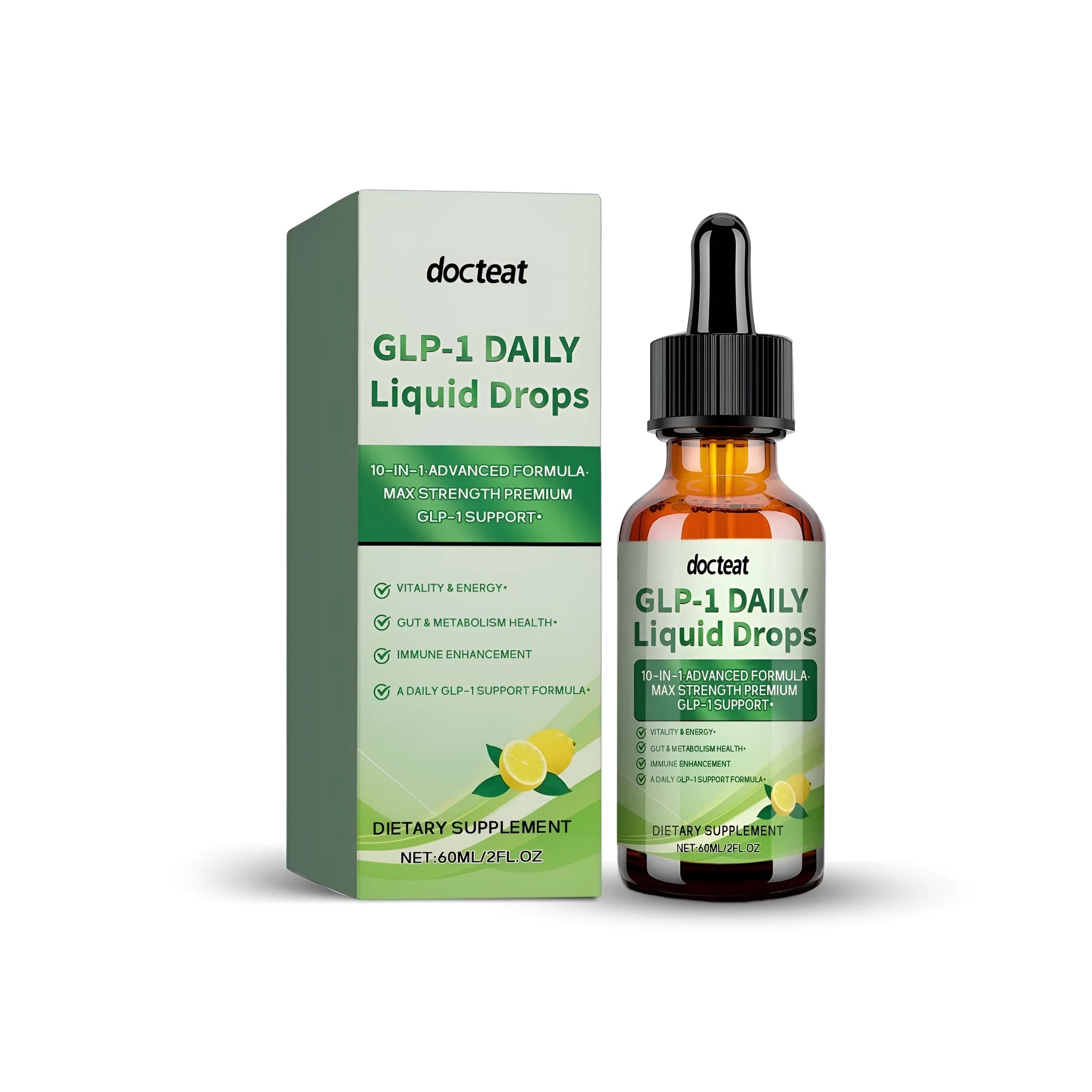60ml bottle of GLP-1 daily liquid supplement drops with a dropper on a white background.