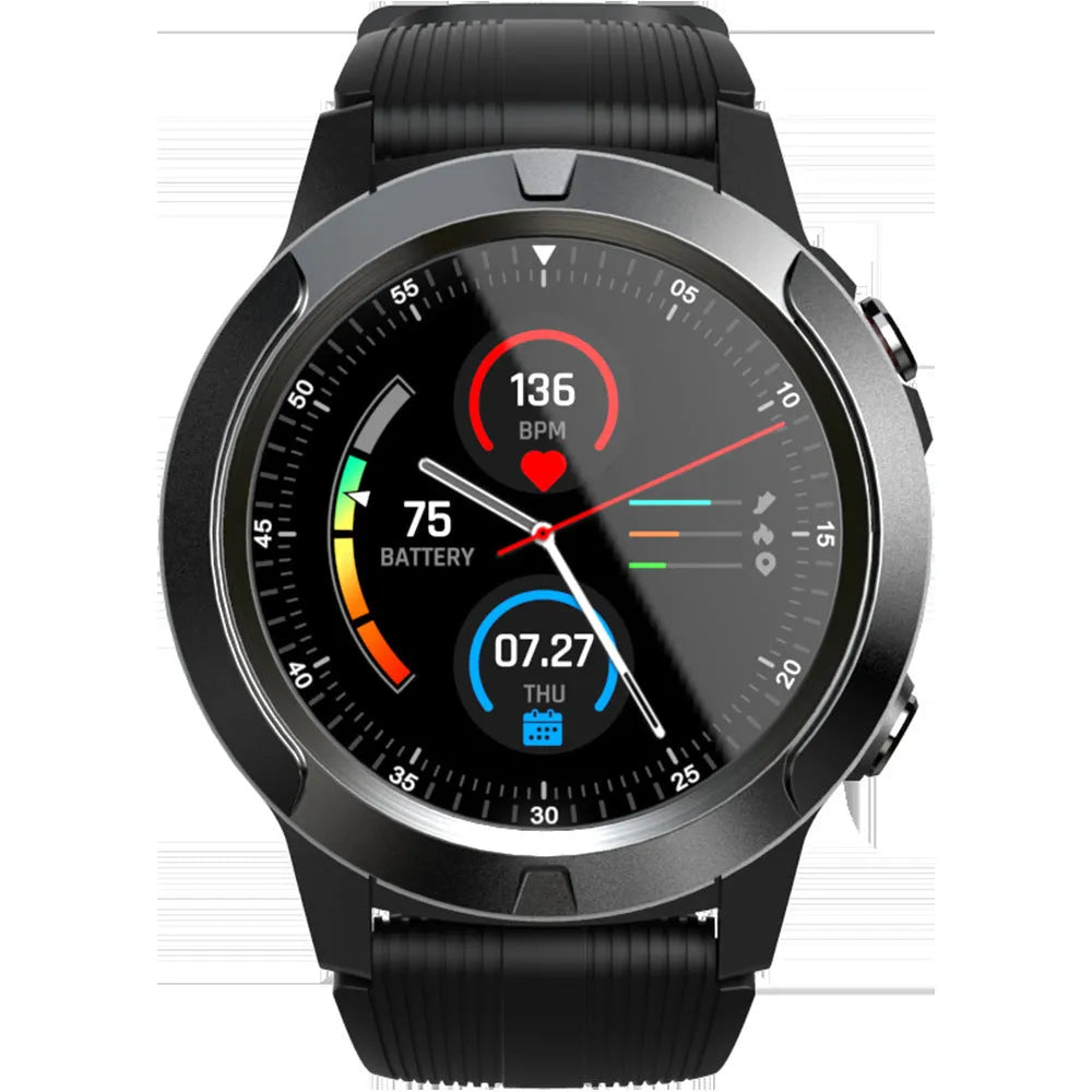 Black men's smart watch with 1.3 inch screen showing exercise tracking interface
