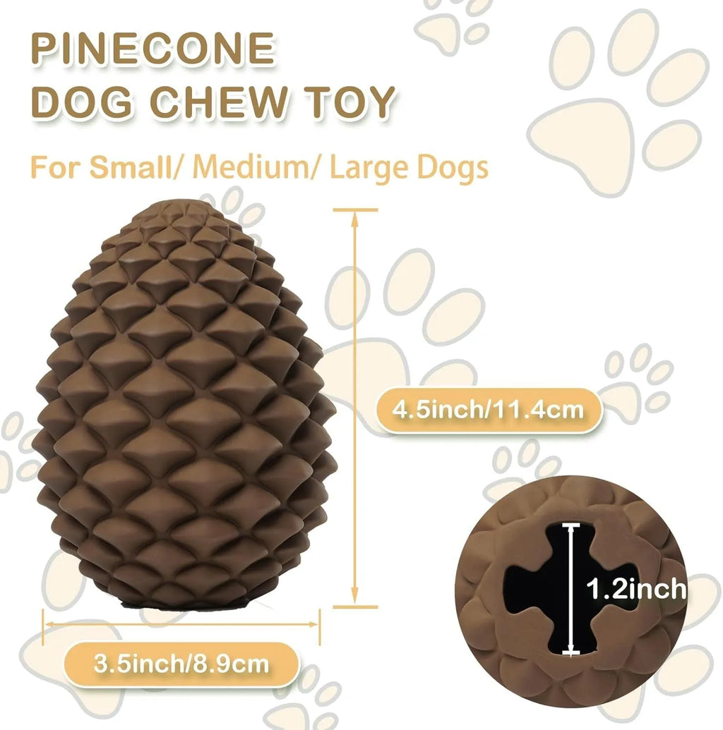 Yellow pine cone shaped natural rubber dog chew toy with treat dispensing feature