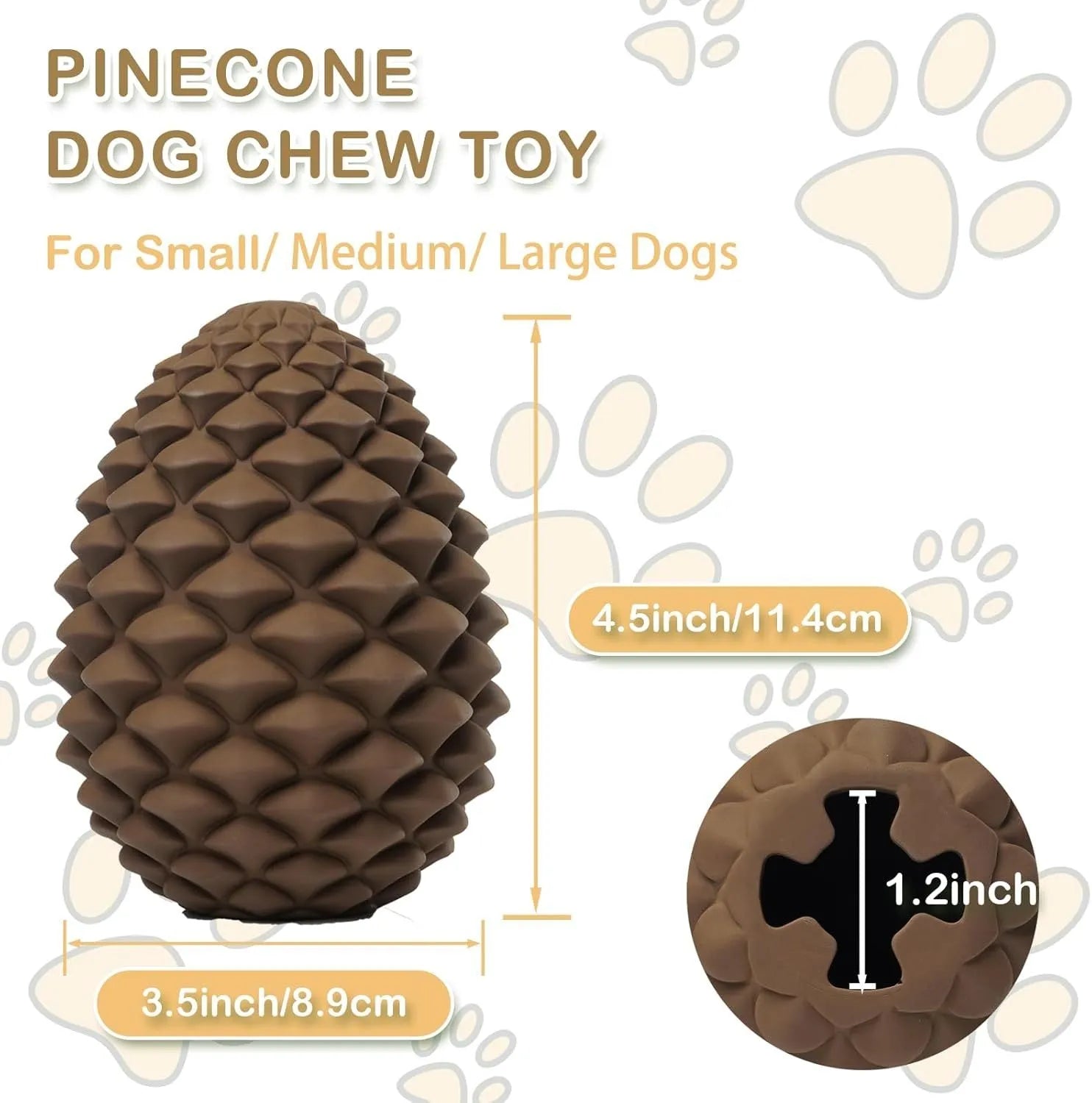 Yellow pine cone shaped natural rubber dog chew toy with treat dispensing feature