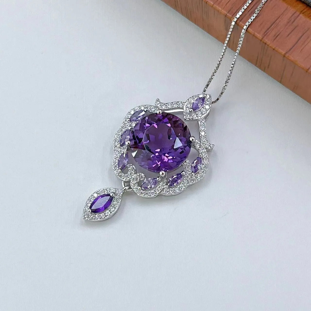 Purple amethyst gemstone set in platinum-plated S925 silver U-shaped pendant with meteor shower pattern