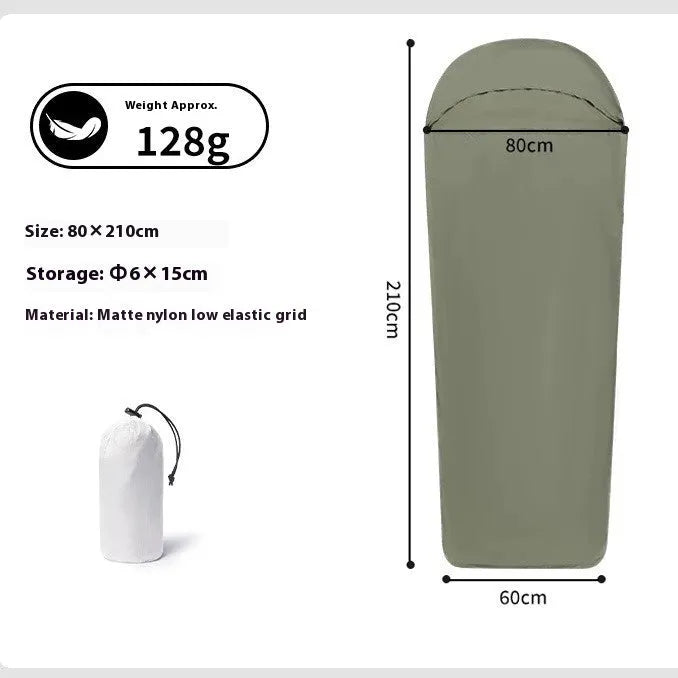 Blue mummy-style nylon camping sleeping bag unrolled, showing tapered shape and matte plaid fabric texture.
