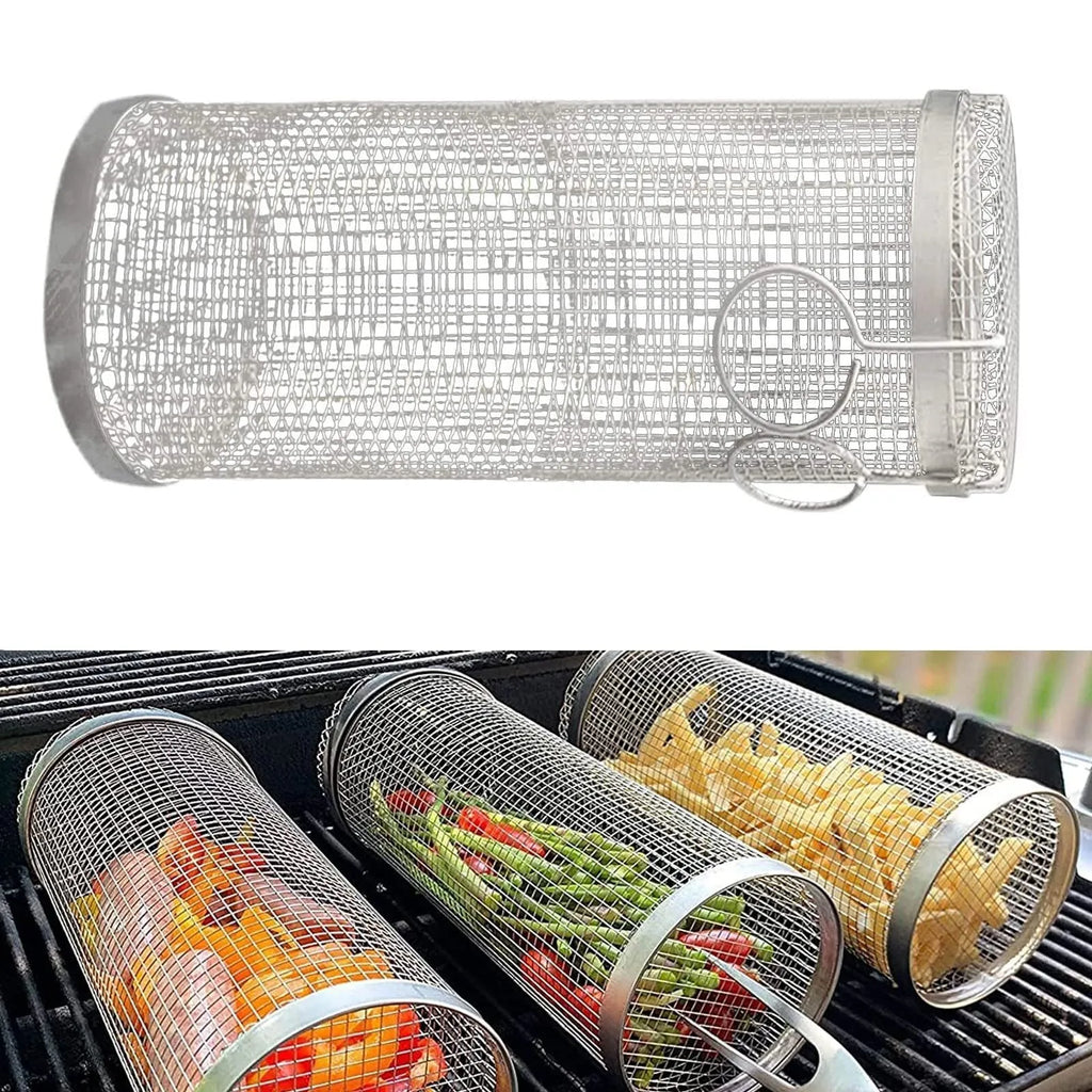 Stainless steel cylindrical rolling barbecue grilling basket with wire mesh on a grill.