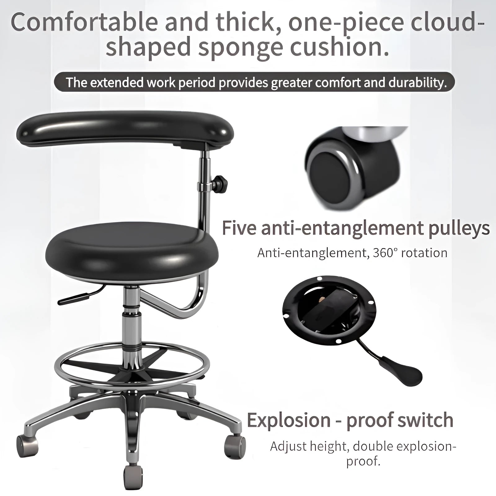 Black leather dental chair with lift adjustment for dentist and nurse clinic seating.