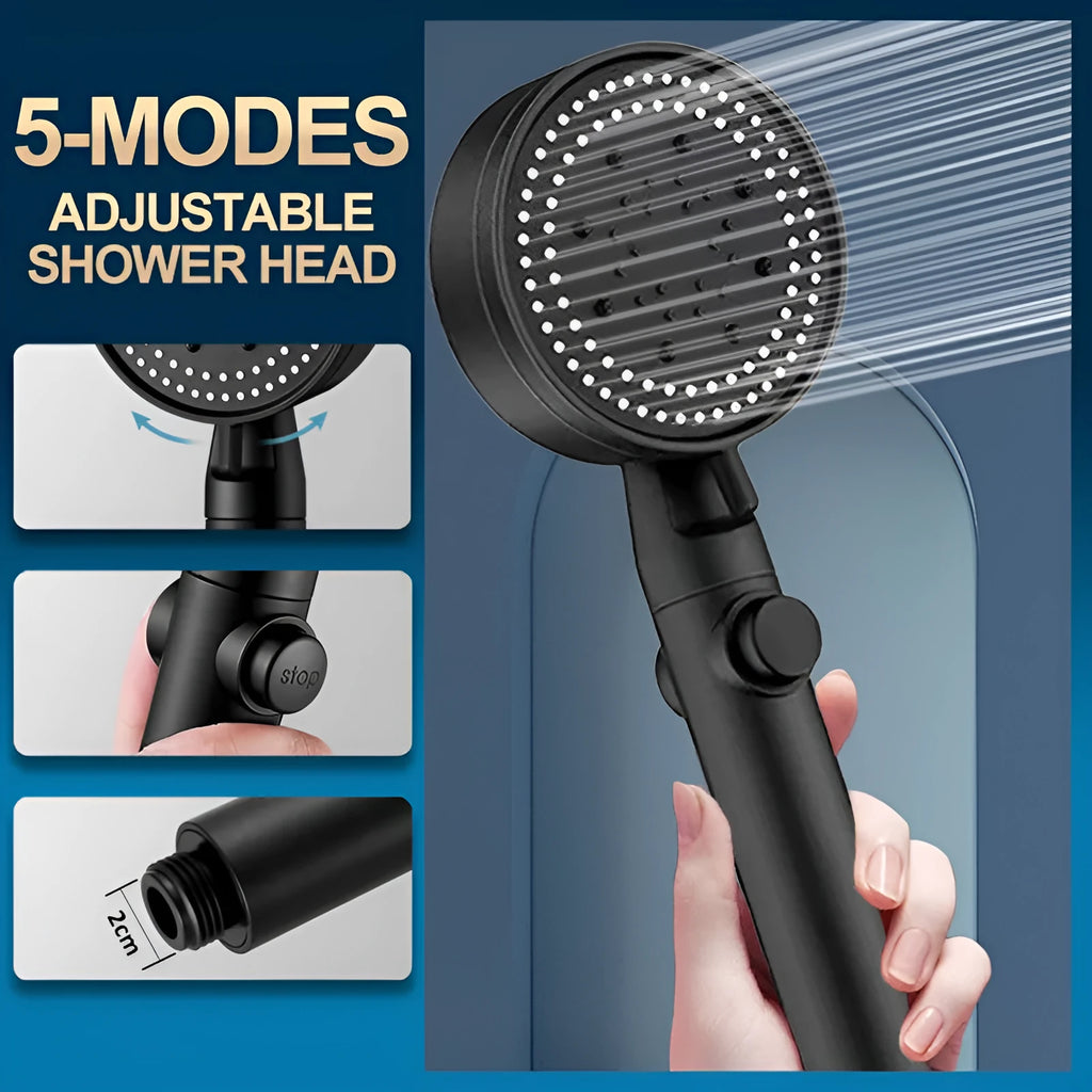 Modern portable shower head in electroplated black finish showing five spray settings and screw connection.