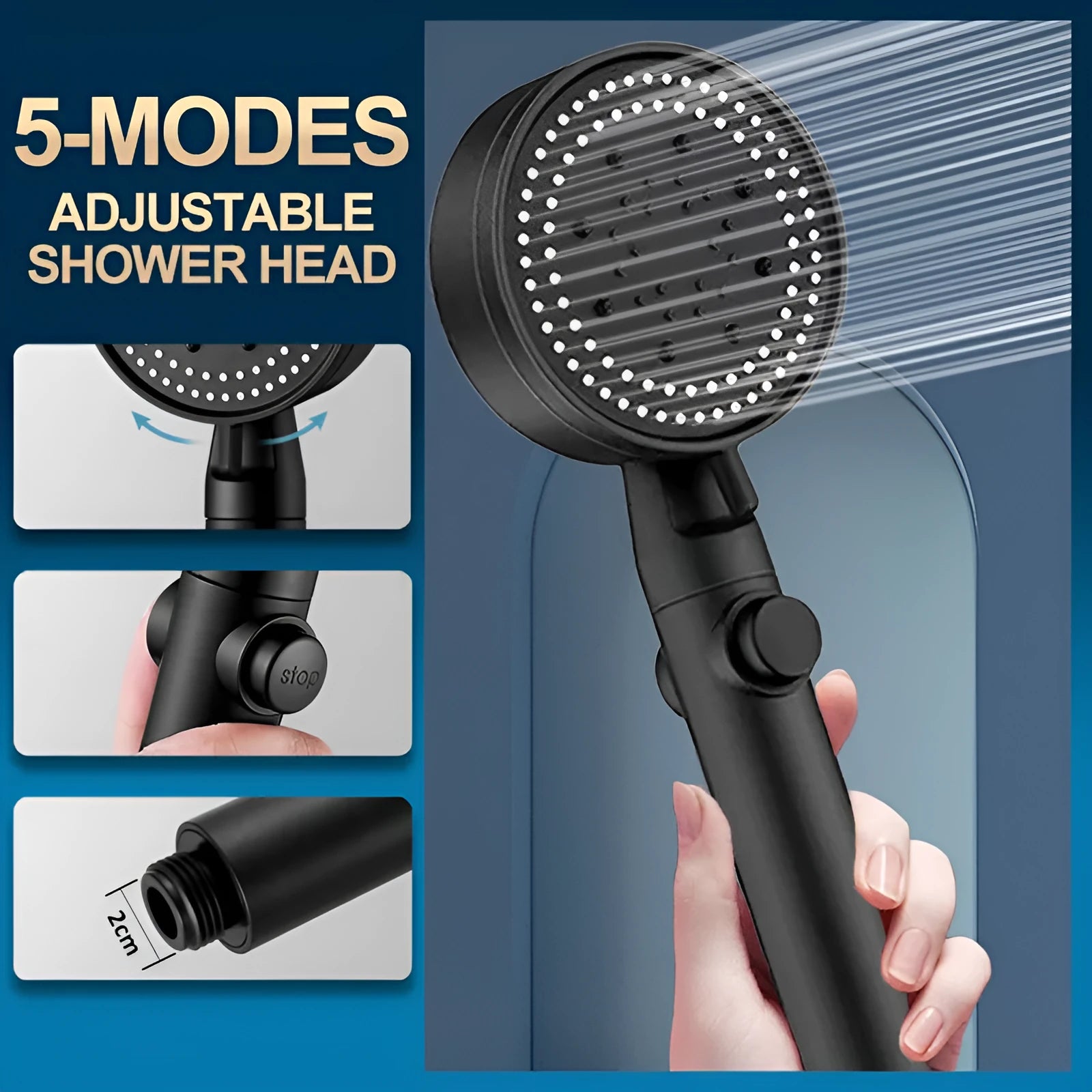 Modern portable shower head in electroplated black finish showing five spray settings and screw connection.
