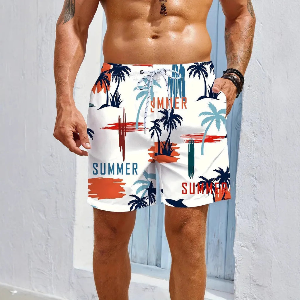 Men's quick-dry polyester swimming trunks in a blue colour, showing elastic waistband and pocket detail.