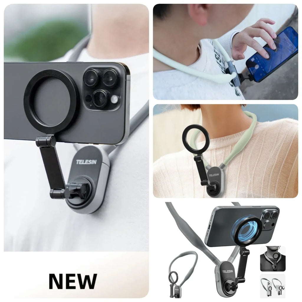 Silicone magnetic phone neck mount with aluminium strip and safety rope in grey or blue