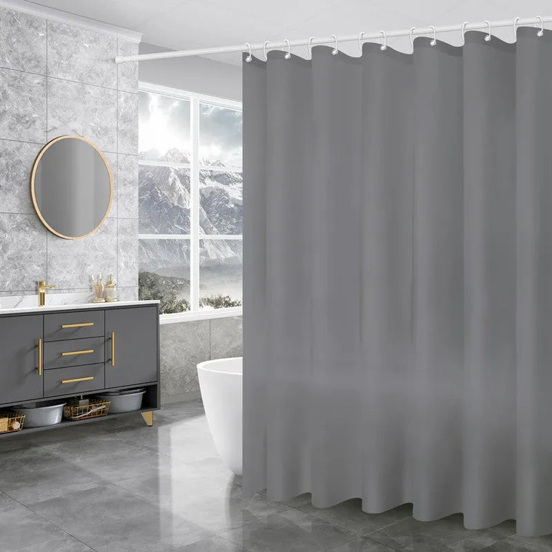 PEVA shower curtain with geometric abstract pattern and stainless steel buttonholes