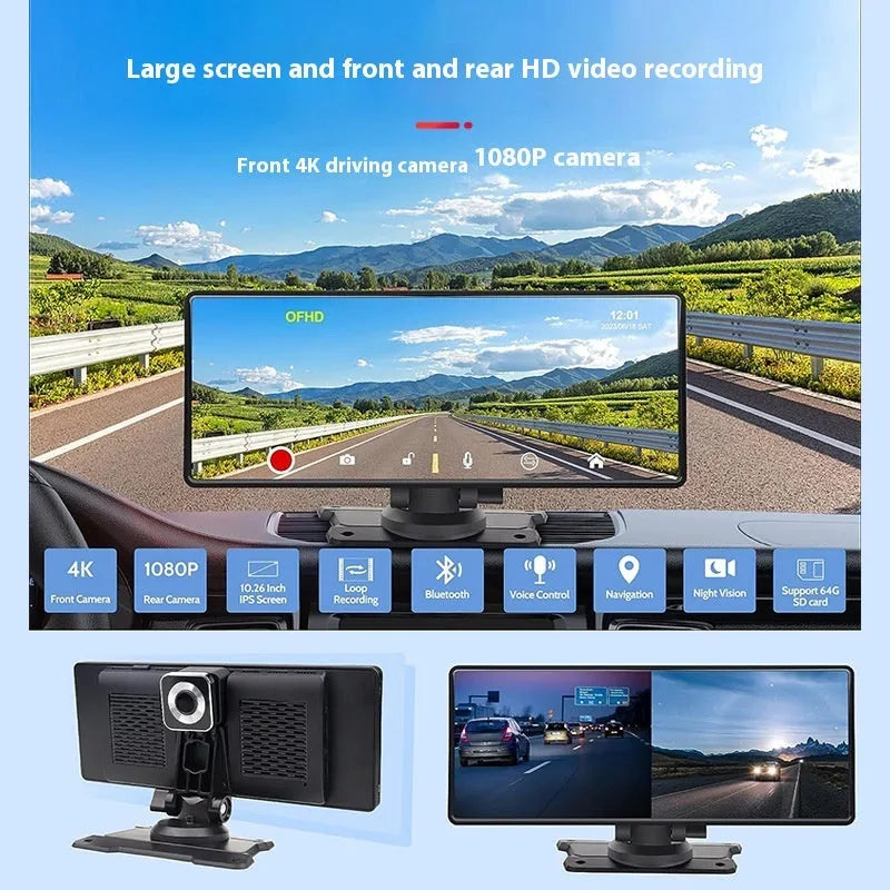 Car navigator dual camera touch screen Carplay GPS navigation 1026-inch black PC PVC front camera recording