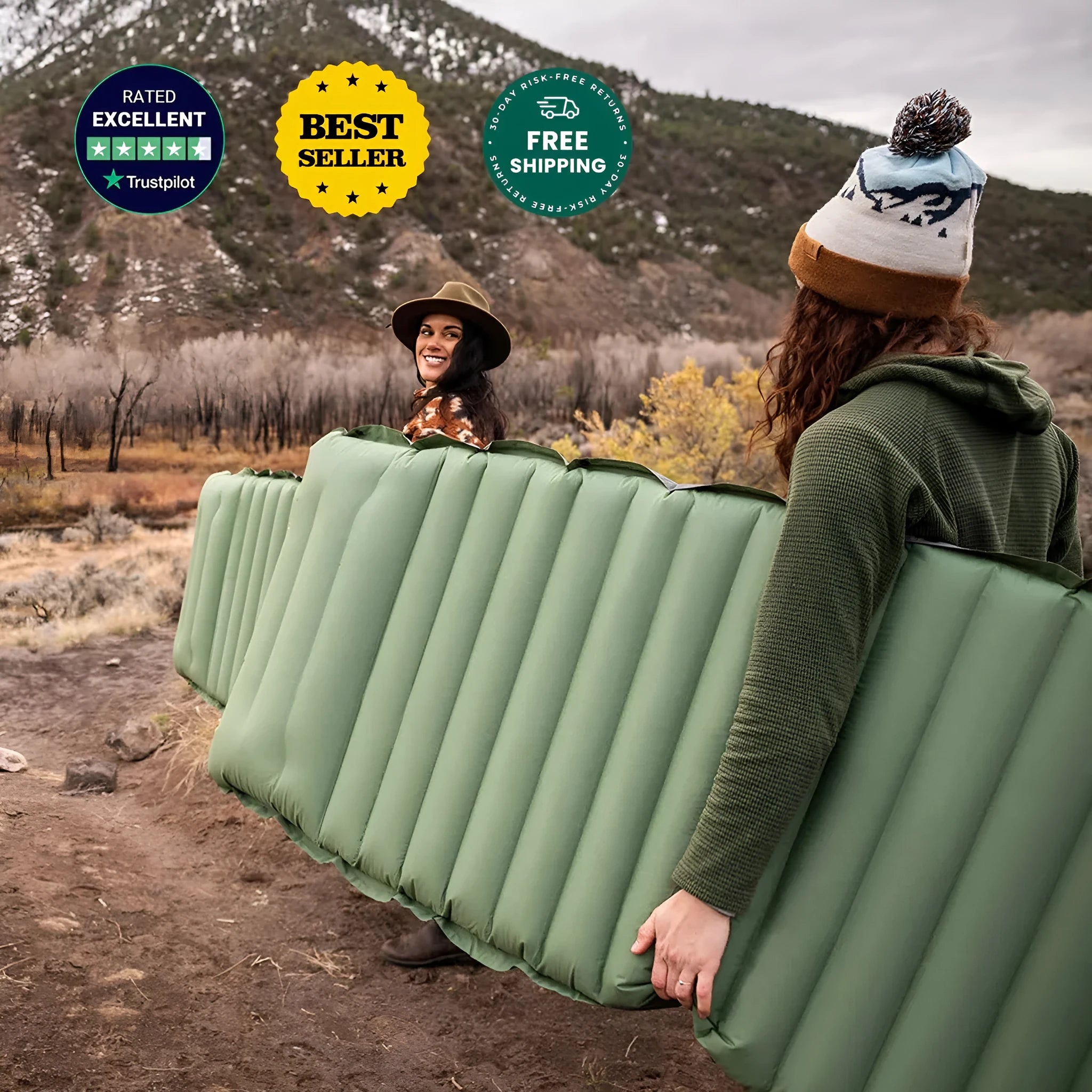 Portable inflatable camping mattress in grey colour options showing expanded size of 195cm length
