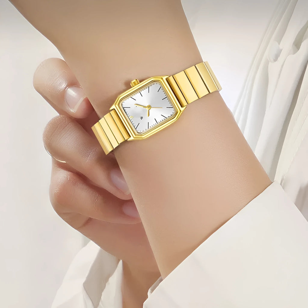 Women's square watch with yellow or white dial, 22mm by 25mm, waterproof with spiral crown and stainless steel clasp