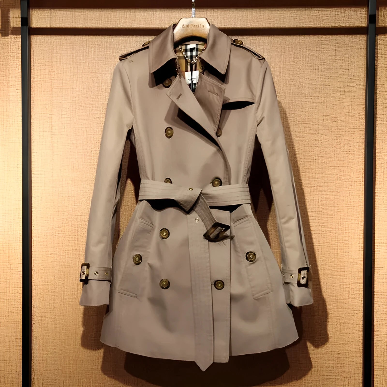 Women's khaki trench coat with double-breasted buttons and flight sleeves
