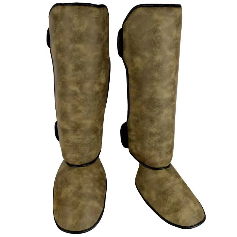 Thickened PU fighting boxing shin guard in brown vertical style for fitness training