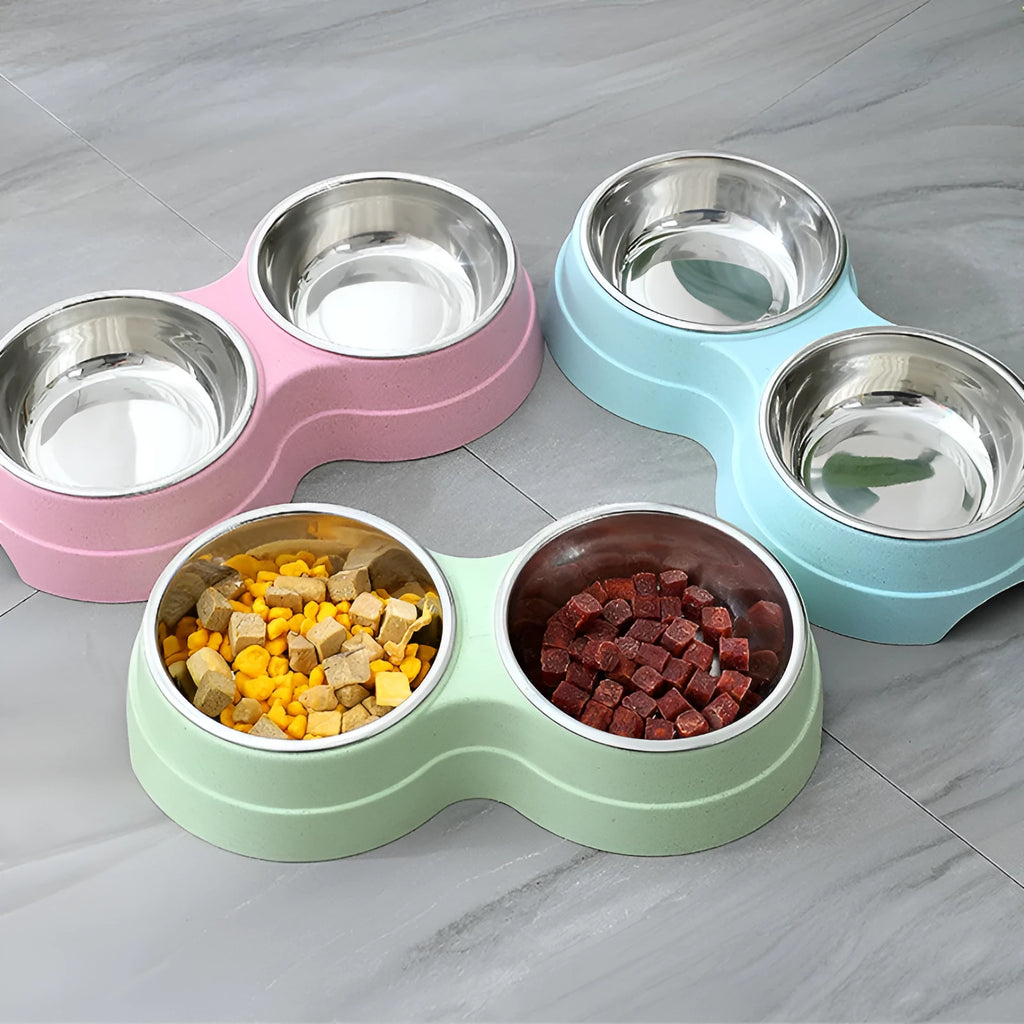 Double pet bowl set with two stainless steel bowls and blue straw holder on white background