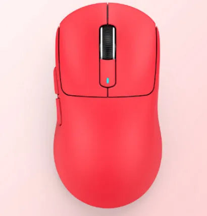 Black three-mode rechargeable Bluetooth mouse with USB receiver and parachute cord on a desk.