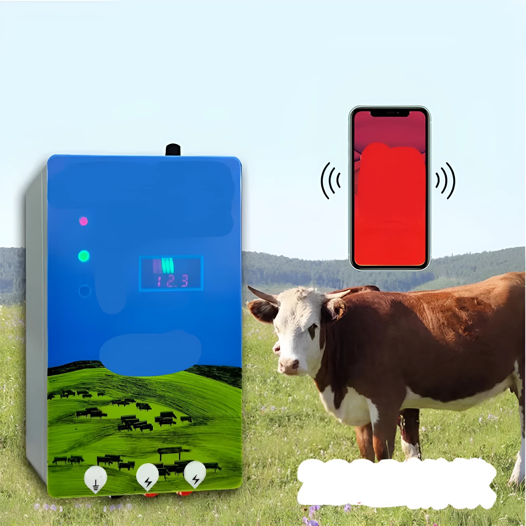 Pasture electric fence energiser host unit with solar panel and remote alarm components for livestock control.