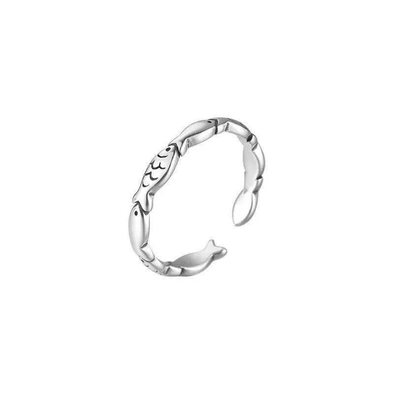 Adjustable sterling silver fish ring with open mouth design and electroplated finish