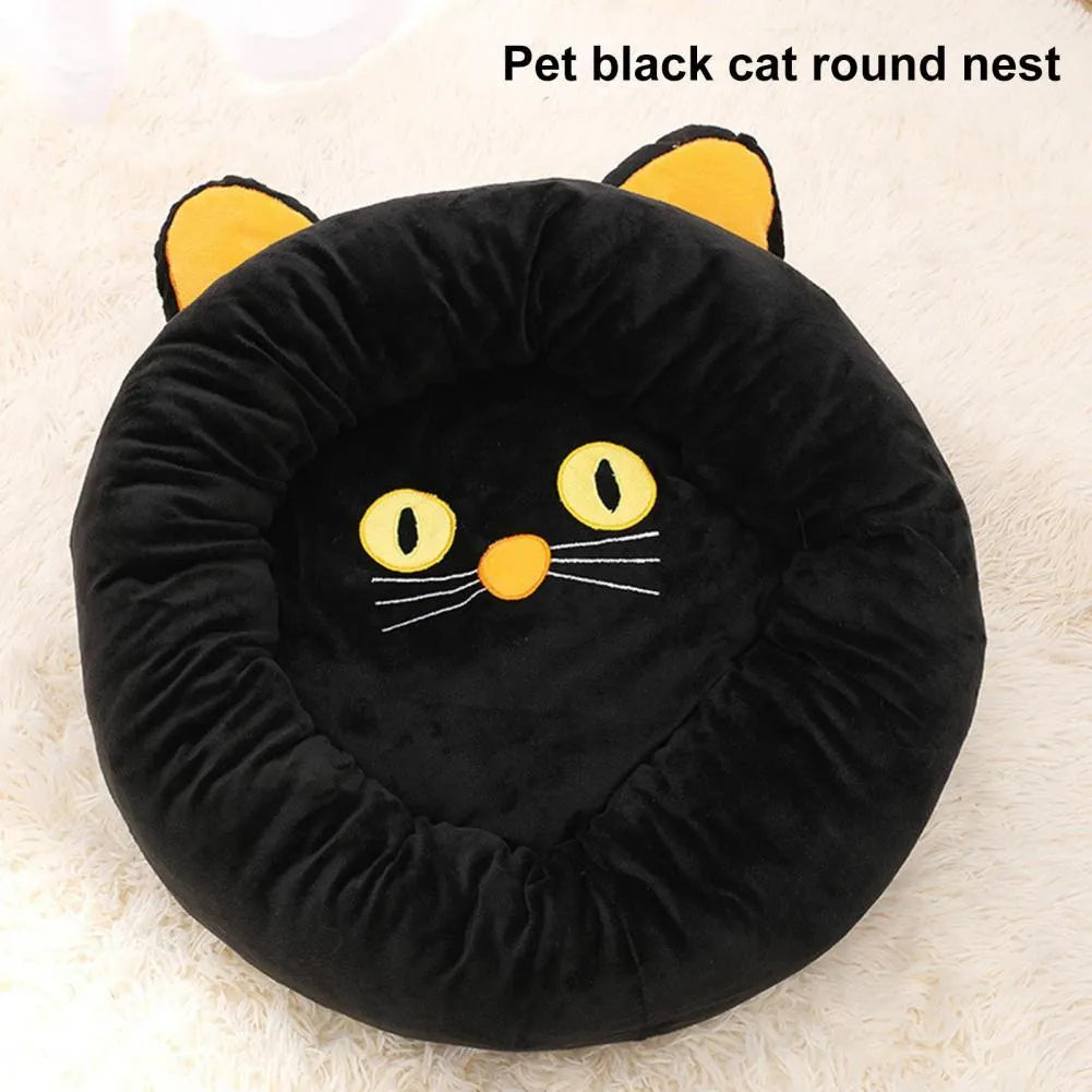 Black cat shape velvet pet nest bed with raised edges for head support