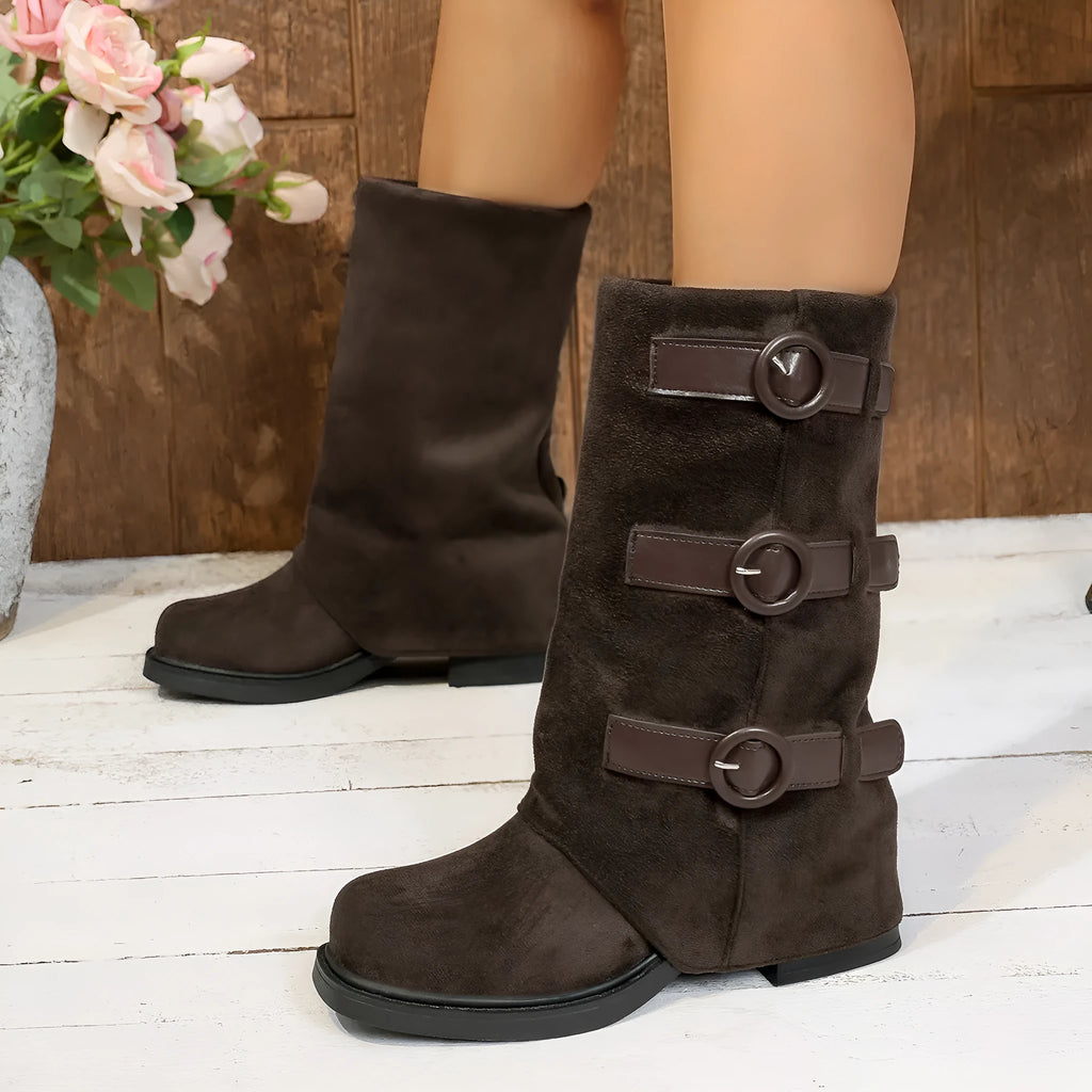 Vintage suede belt buckle pantyhose boots in black, mid heel 3-5cm, round toe, rubber sole