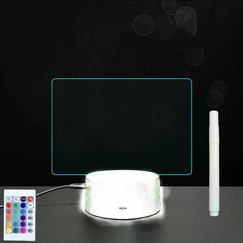 3D acrylic LED message board with touch control, black ABS base, USB cable, and stylus pen on desk