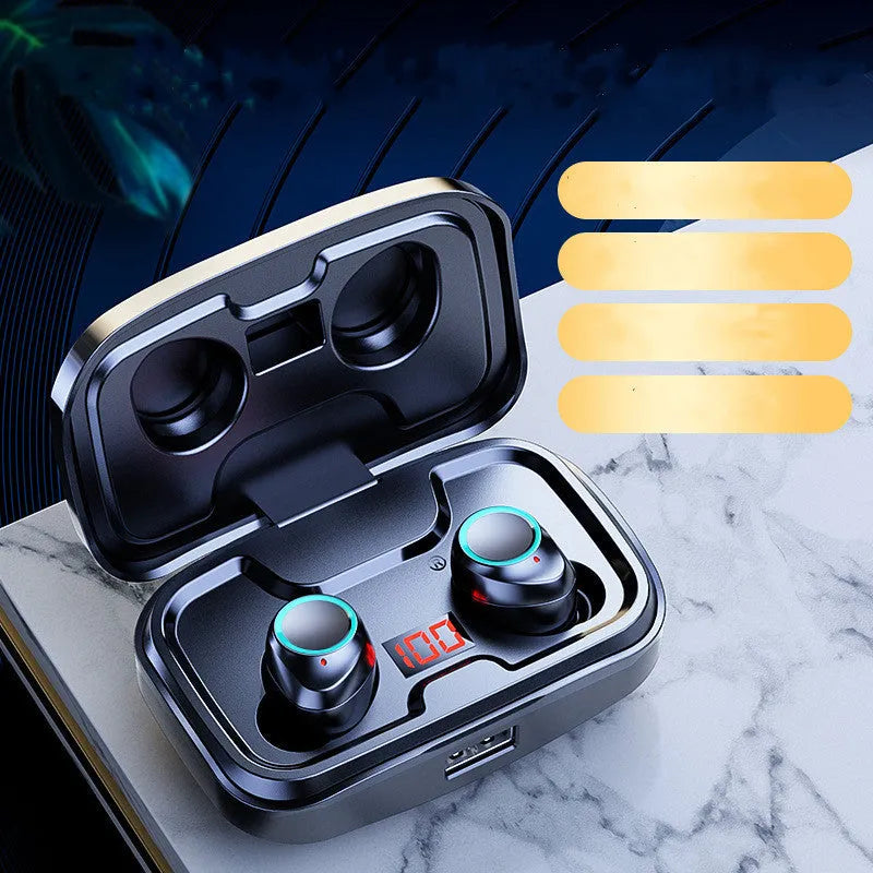Black wireless in-ear Bluetooth earphones with a private mold design on a grey background.