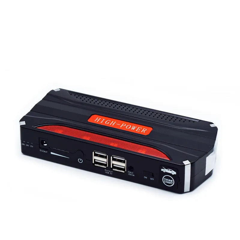 Black and red 12V vehicle emergency jump starter power supply unit with display