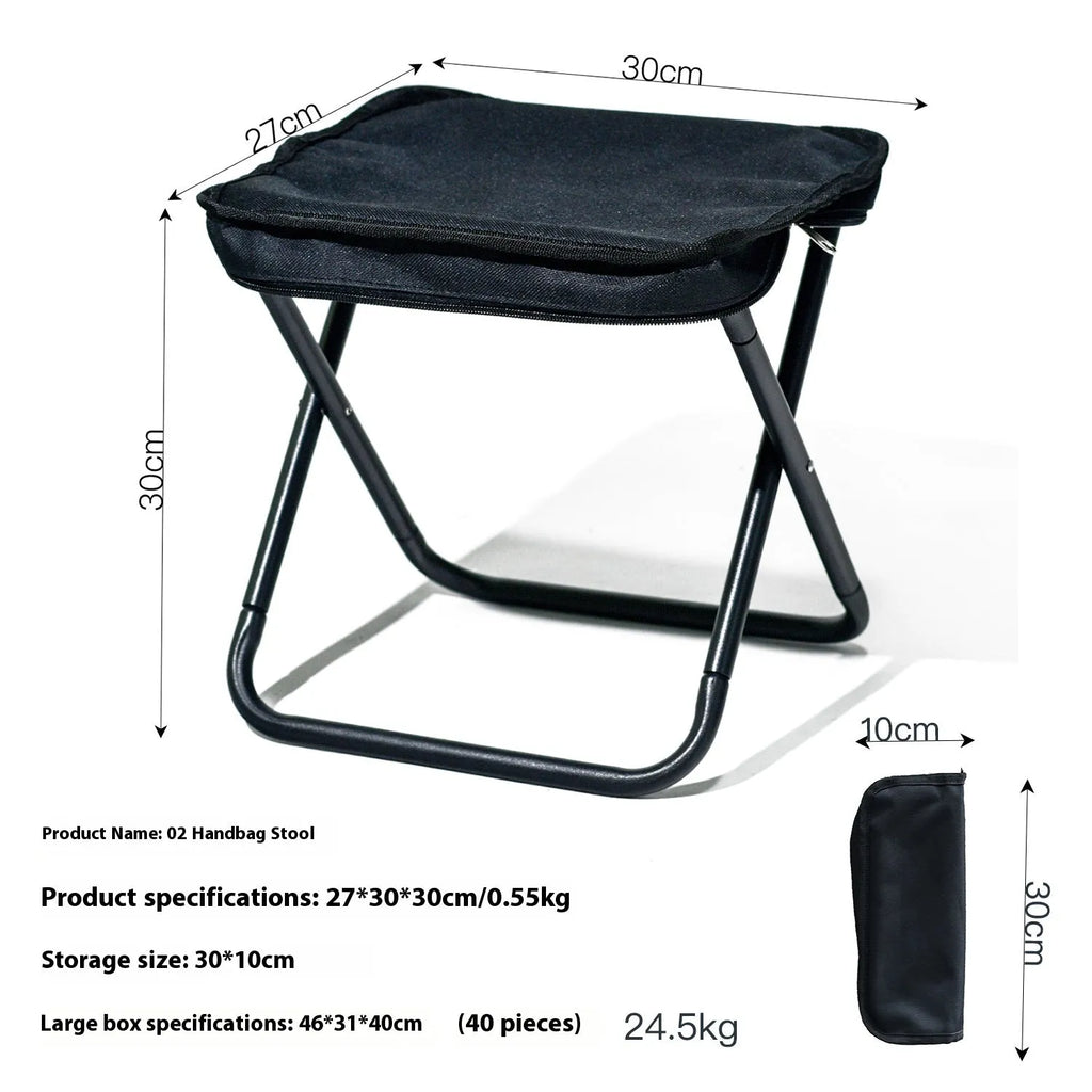 A folded Oxford cloth camp stool in a pencil box design, shown in khaki colour.