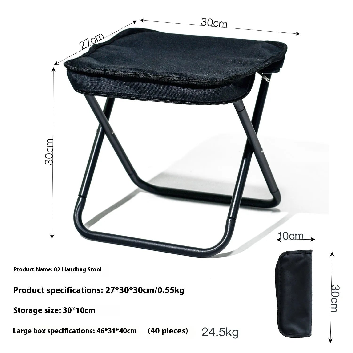 A folded Oxford cloth camp stool in a pencil box design, shown in khaki colour.