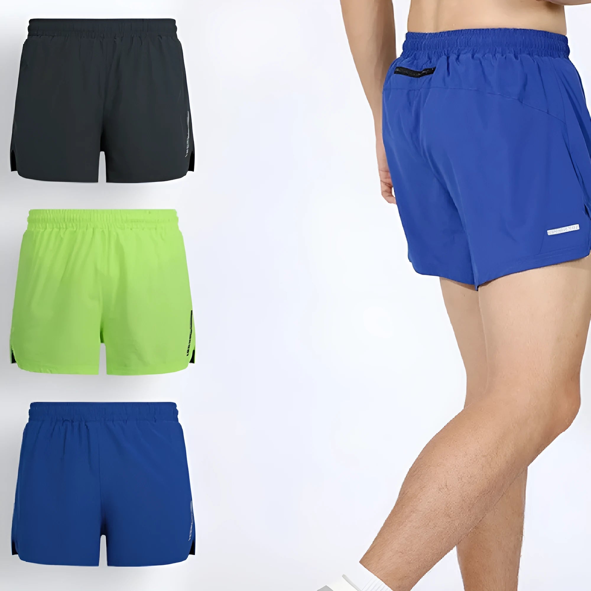 Grey straight-leg men's running shorts made from quick-drying polyester fabric on a mannequin.