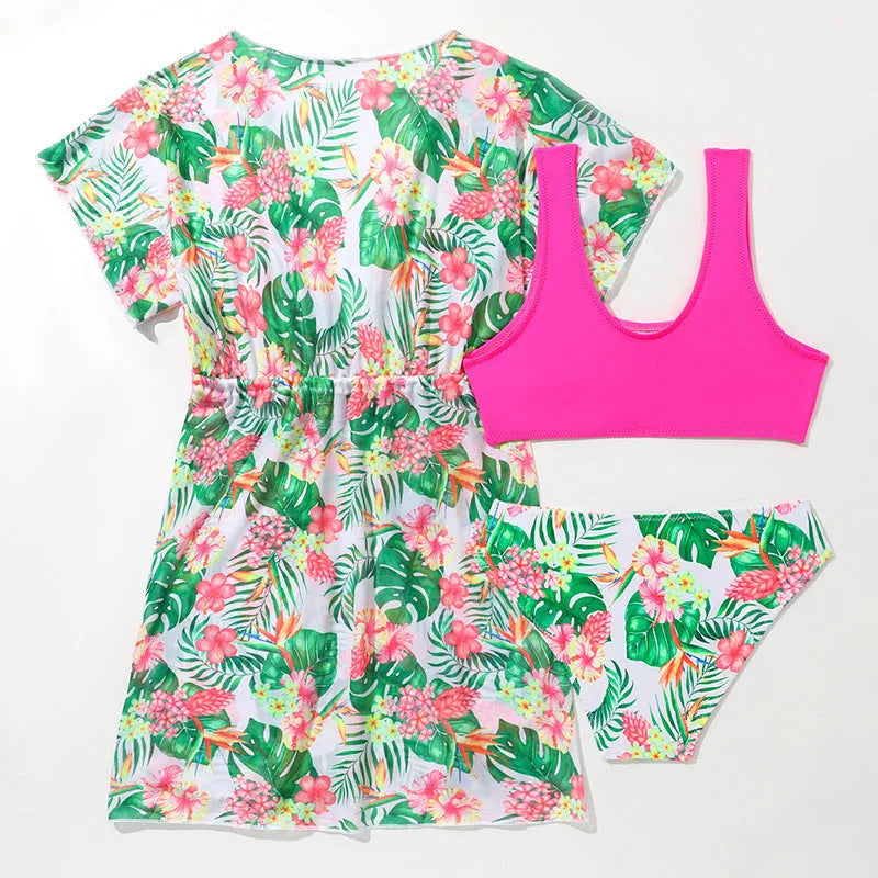 Girls' floral two-piece swimsuit in Korean style, sizes 130cm to 160cm.