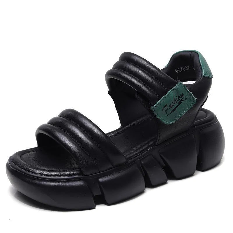Open toe platform wedge sandals in beige with round toe, Velcro strap, and non-slip rubber sole