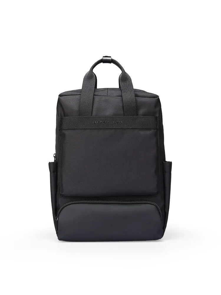 Black Oxford cloth computer backpack showing front view and storage compartments.