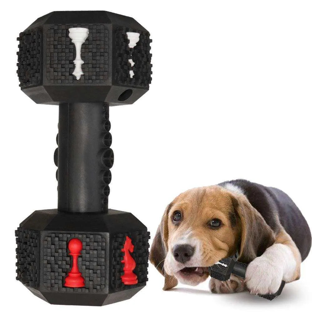 Black rubber hollow dumbbell dog chew toy for aggressive chewers with 3D particle texture