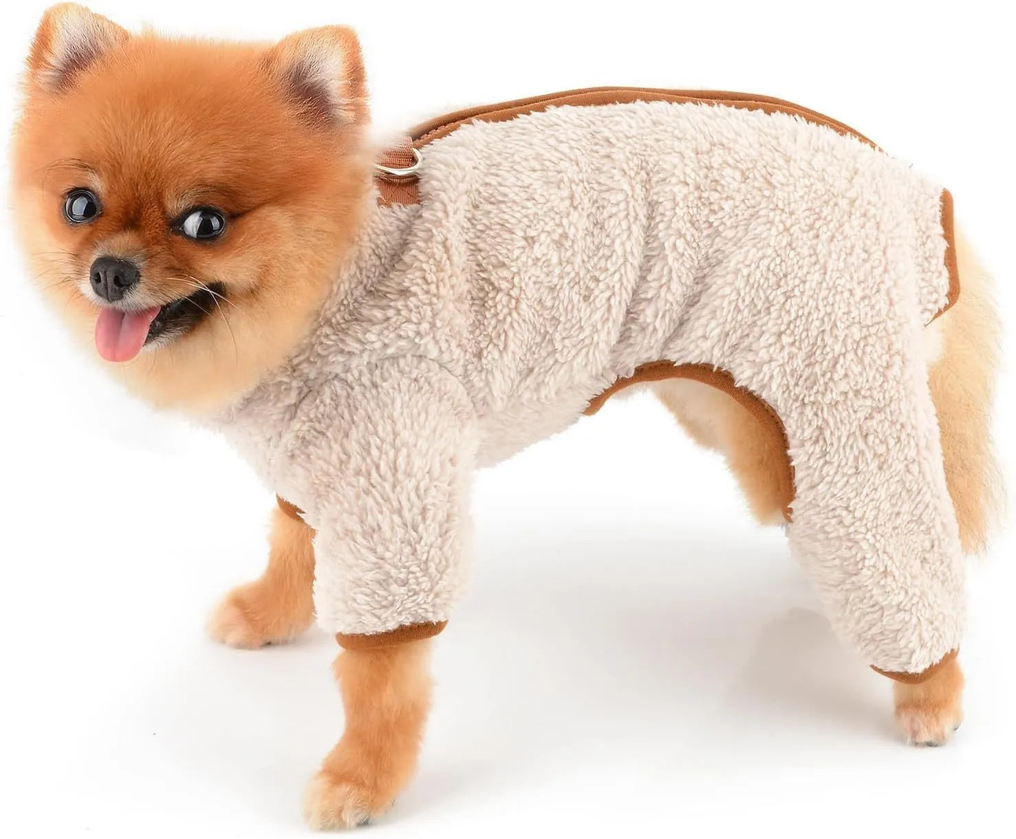 Green plush fleece dog jumpsuit with a back zipper on a small dog
