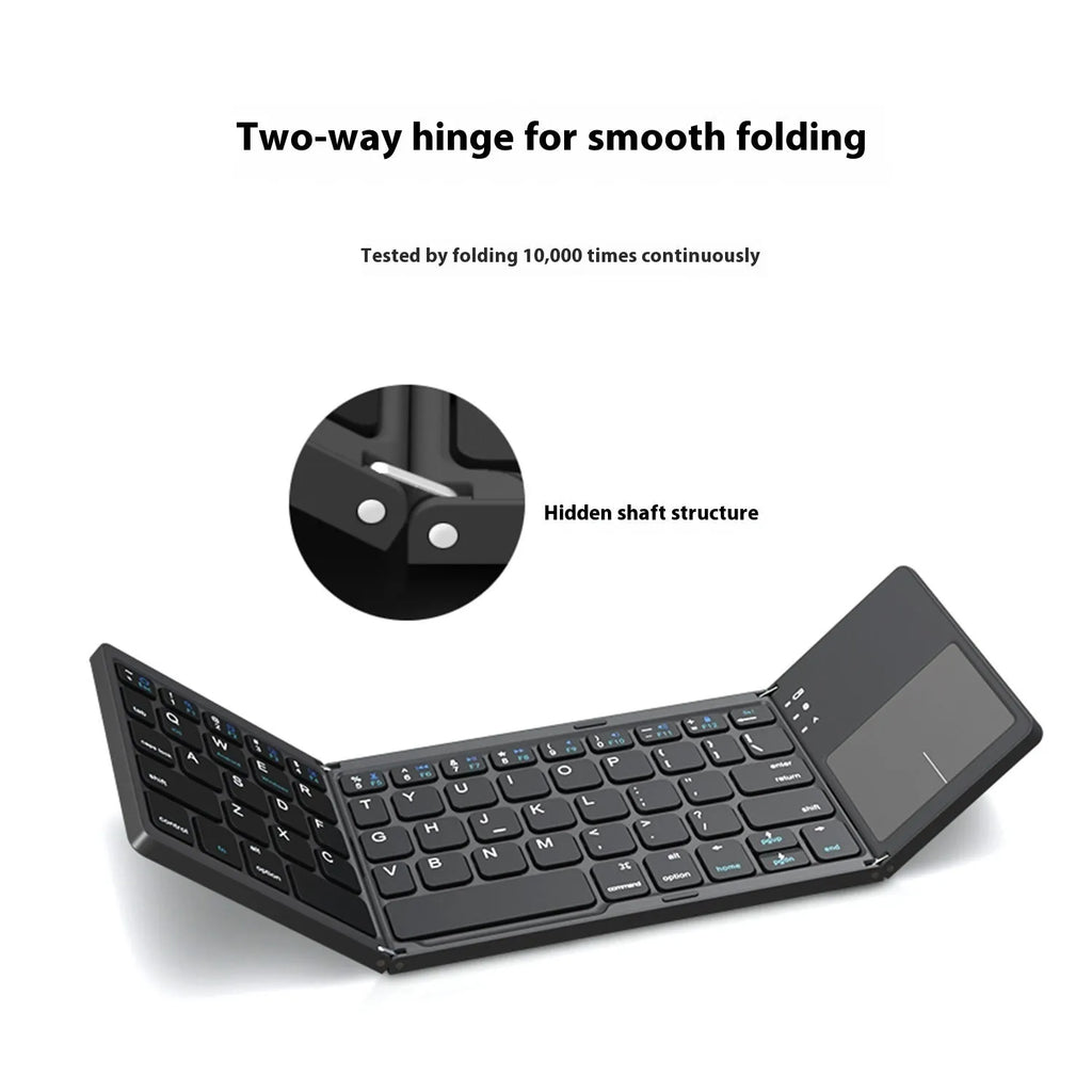 Tri-fold Bluetooth keyboard in black colour showing folded and unfolded positions