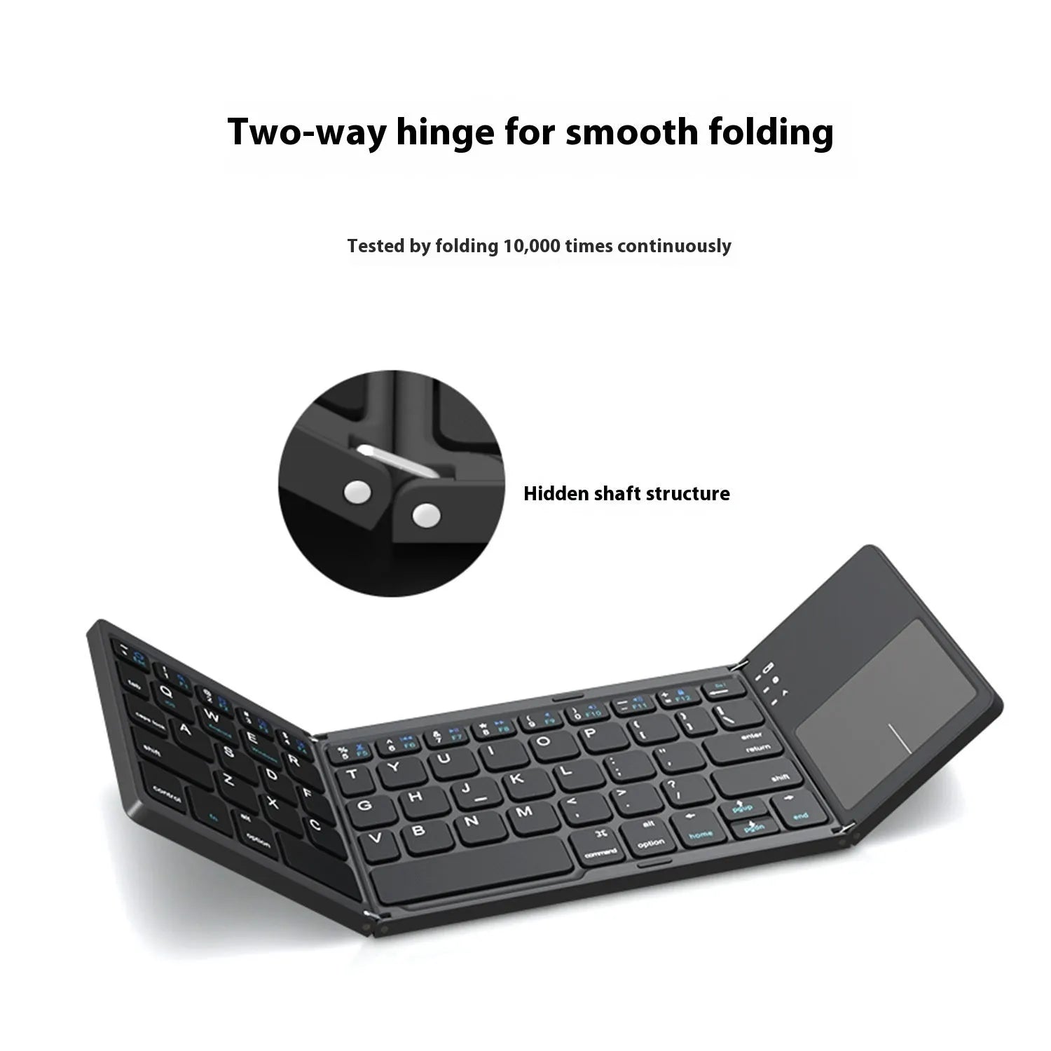 Tri-fold Bluetooth keyboard in black colour showing folded and unfolded positions