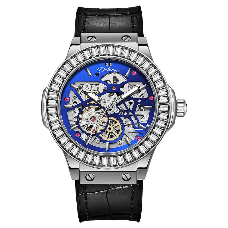 Men's automatic skeleton watch with diamond accents on a white metal case and strap.
