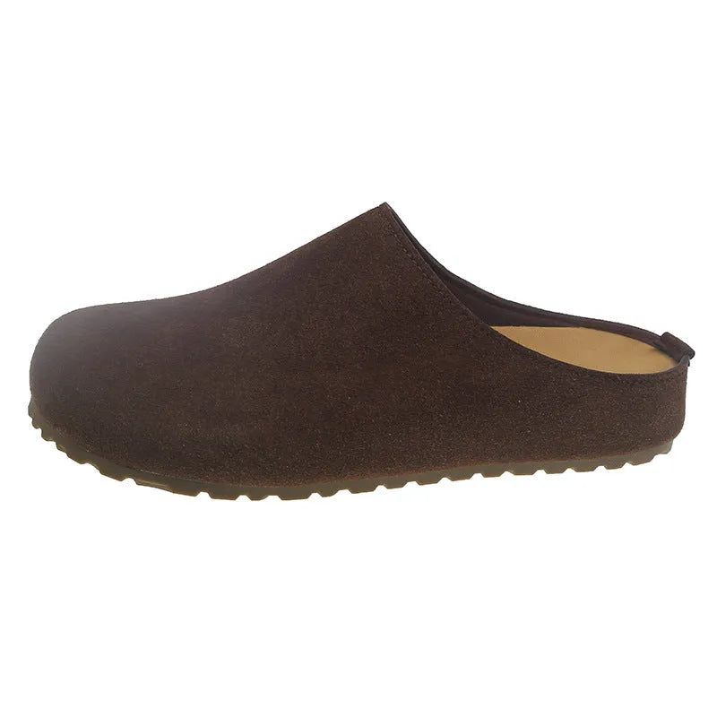 Boken Korean-style flat outdoor slippers in apricot, slip-on design with square toe and microfiber upper.