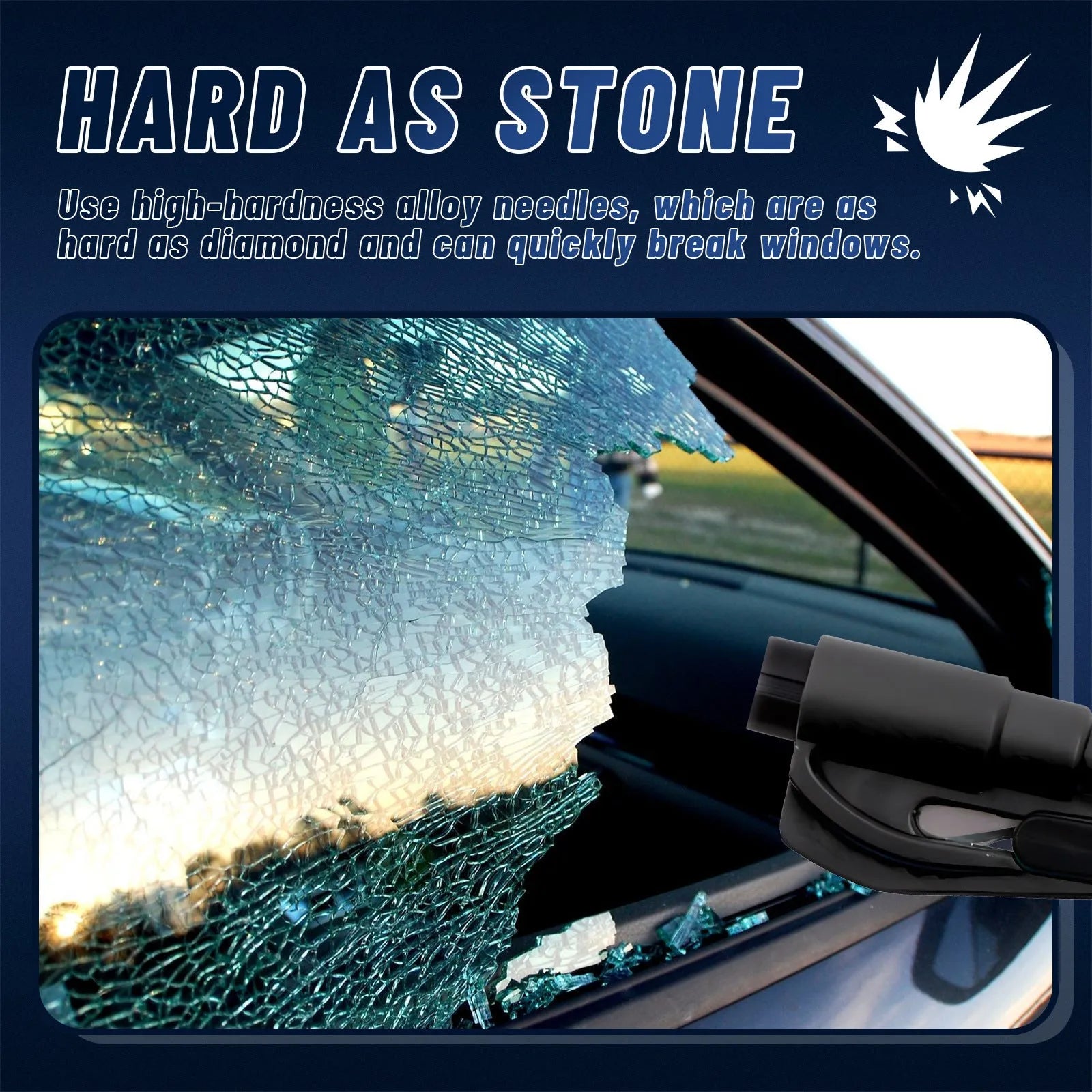 Compact car emergency safety hammer for breaking glass and cutting seatbelts measuring 3.5 by 7.5 centimetres