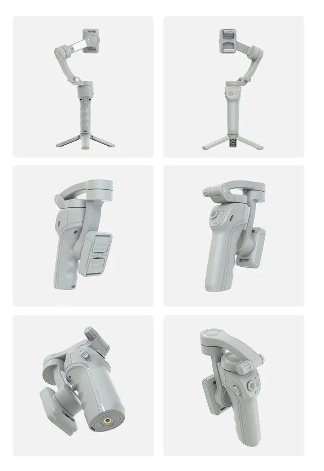 Grey hand-held three-axis anti-shake stabiliser with AI face tracking and fill light for short video shooting