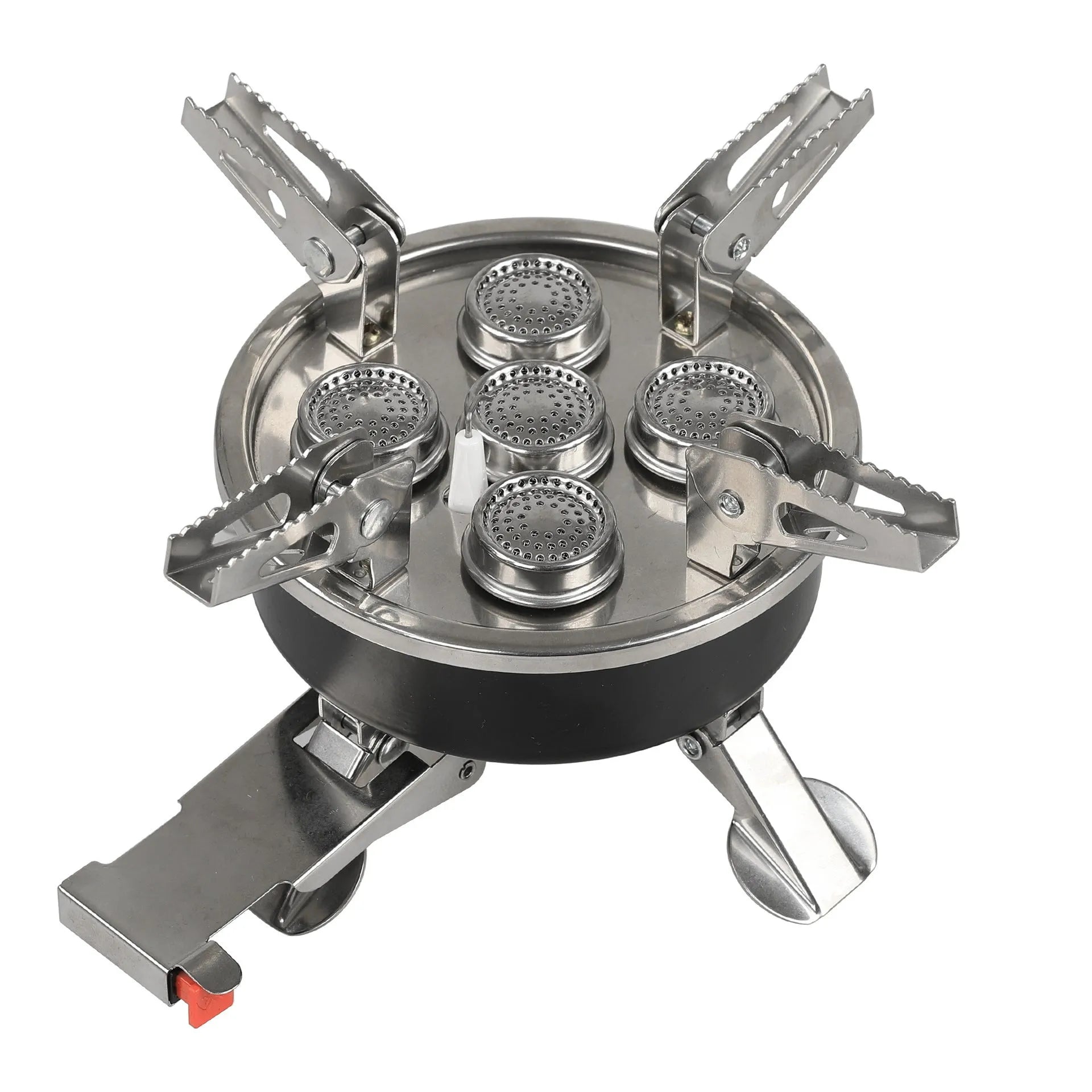 Silver stainless steel split camping stove with folded legs and a coiled 100cm fuel hose, shown next to a ruler showing 155mm length.