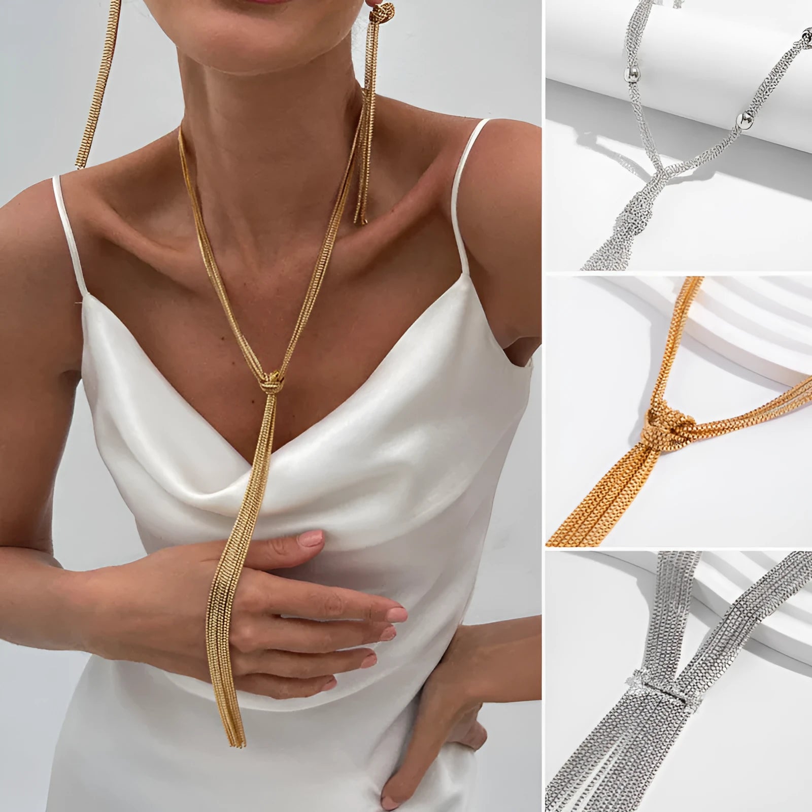 Simple Y-shaped metal tassel necklace in gold finish on a woman, with matching earrings, minimalist style for commuting wear