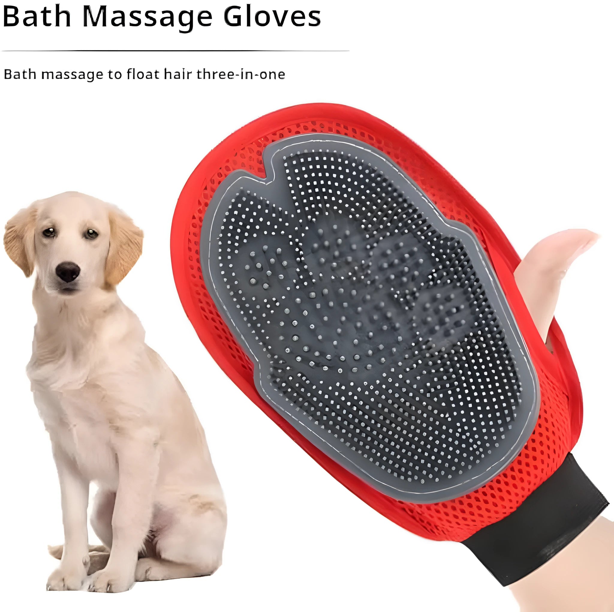 Red pet bathing glove grooming tool with integrated soft brush for washing dogs and cats.