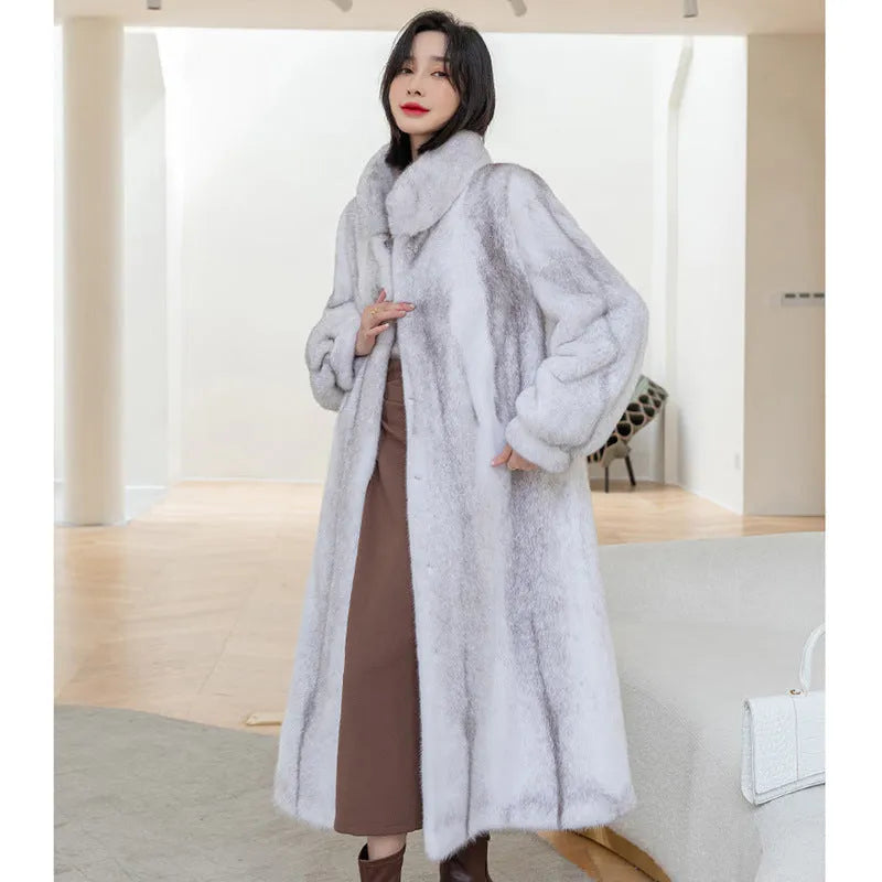 White full-length faux fur coat for women with a stand-up collar.