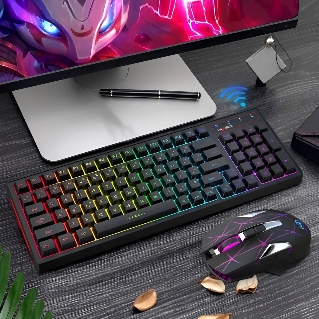 L99 wireless rechargeable 2.4G keyboard and mouse set with RGB lighting, 96 keys, and Type-C charging cable