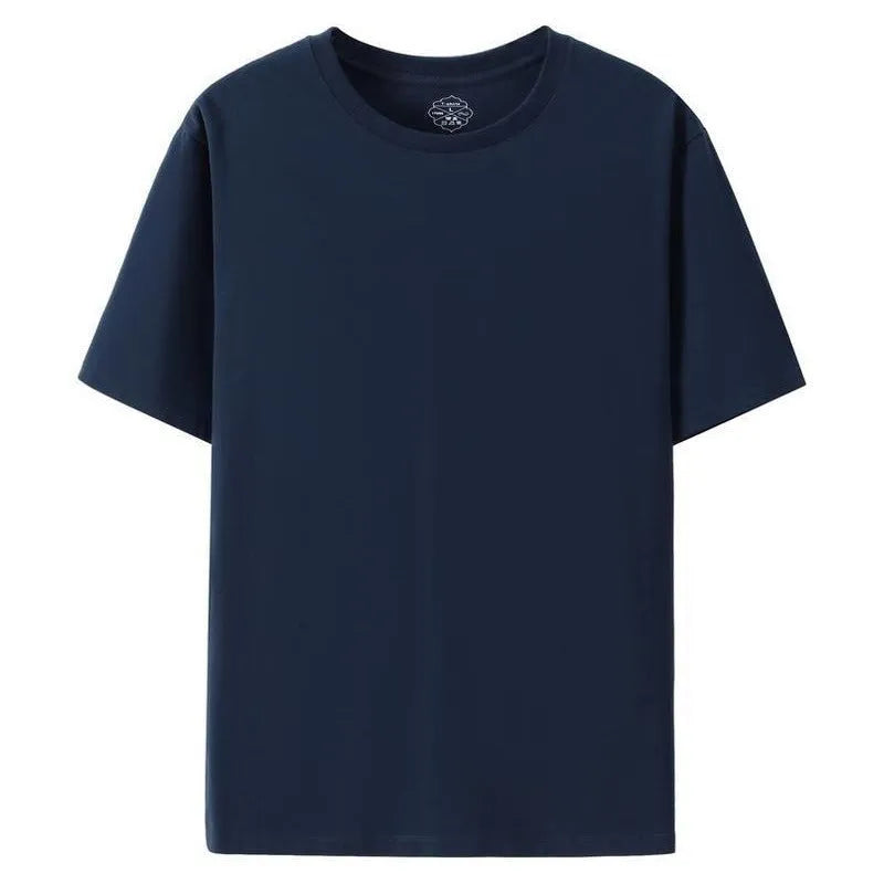 Plain black slim fit cotton t-shirt with round neck and short sleeves on a hanger.