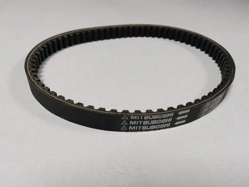 Black replacement drive belt for Guangyang Jili GP110 and Fengli VP110 pedal motorcycles.